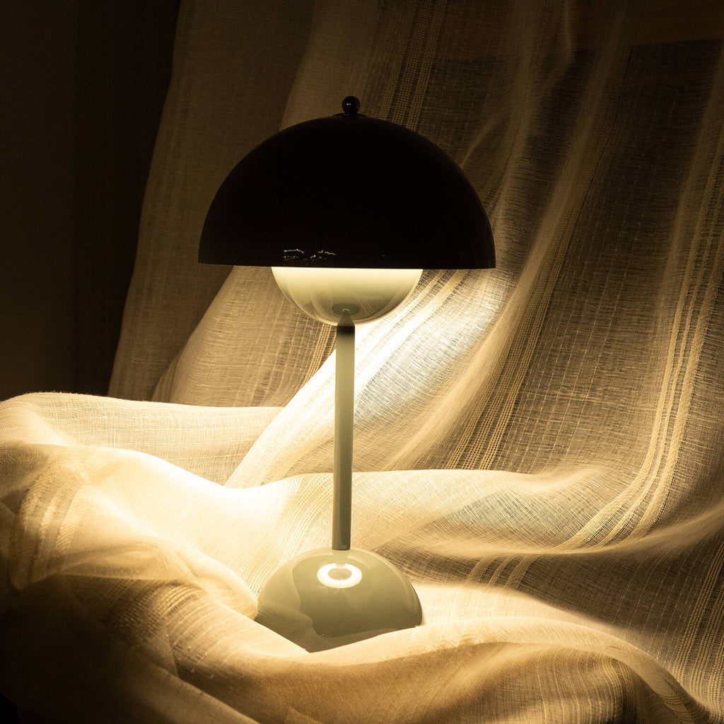 lamp with a white shade on a fabric background